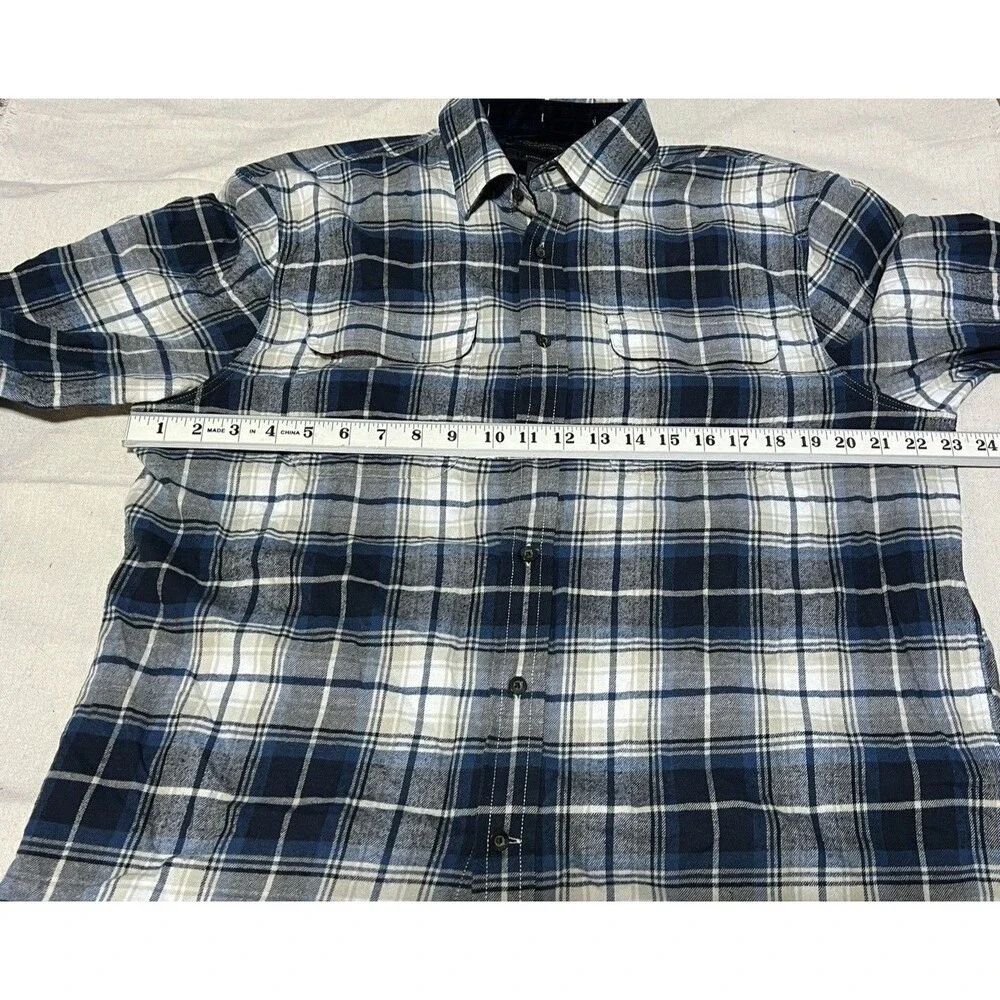 Banana Republic Flannel Shirt‎ Mens Large Blue Plaid Elbow Patch Organic Cotton
